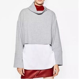 Zara Trafaluc mock neck zipper shoulder Boxy Gray & White Career blouse Sz XS